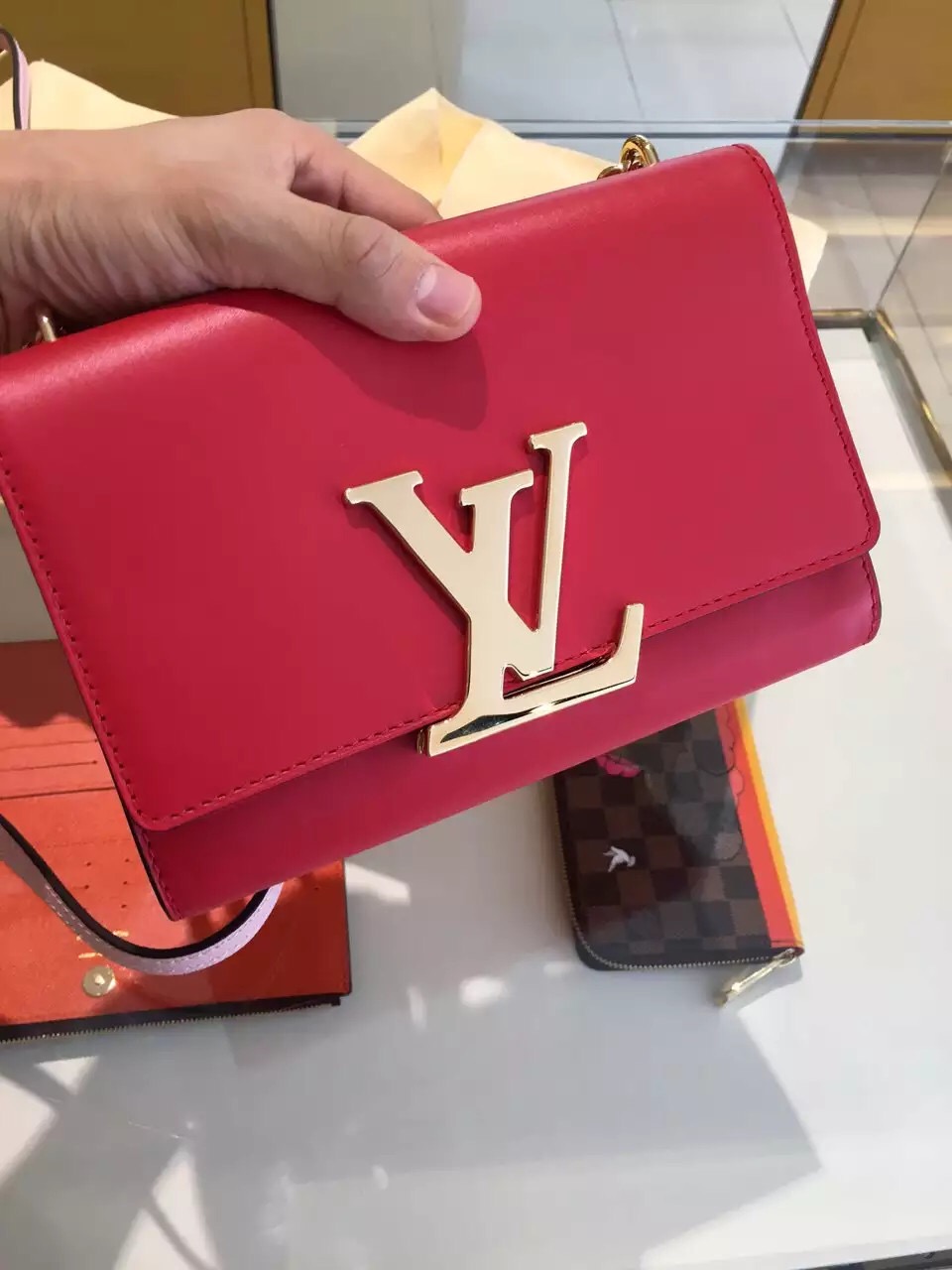 Real Louis Vuitton Louise MM Chain Bag M41280 Red